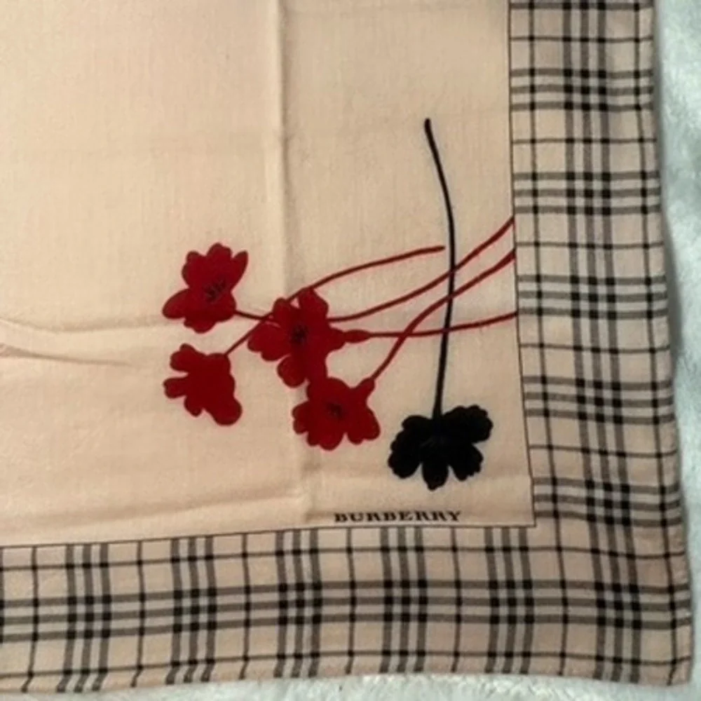 Vtg BURBERRY Scarf Handkerchief Floral Nova Check Pink 23x23